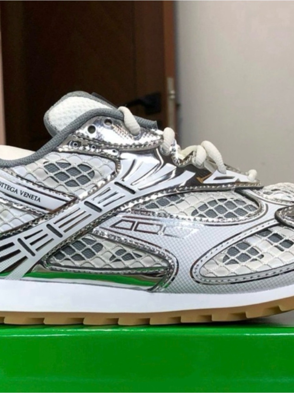 Bottega Veneta White Silver Mesh Runner Sneakers